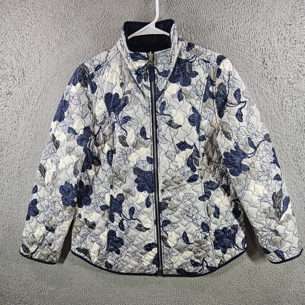 Chicos Quilted Jacket Womens 1 M Blue Grey Floral Full Zip‎ Mock Neck Reversible